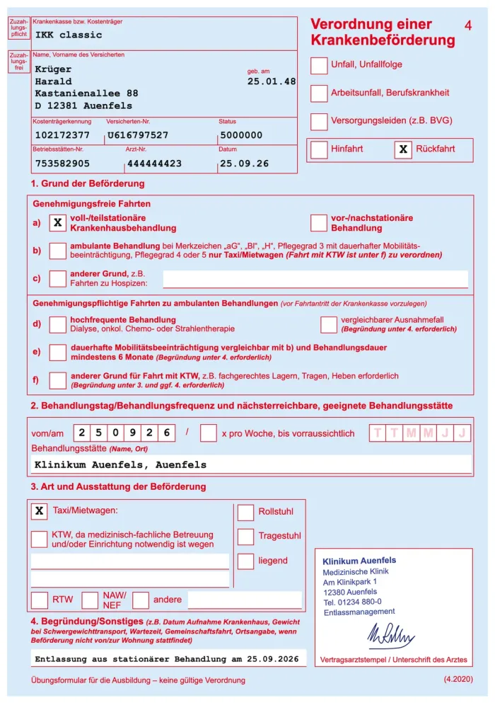 Beispiel eines Übungs-Transportscheins aus PaperSIM